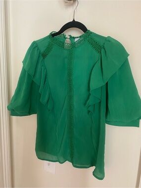 Women's Green Ruffle Sleeve Blouse with Lace Trim
